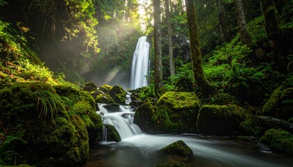 Obraz premium Forest Waterfall Stock Image – Realistic Nature Photography with Green Landscape