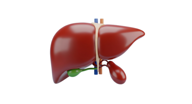 A detailed 3D render of the liver gallbladder and associated vessels showcasing the complexity on transparent background