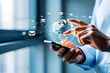 Person using smartphone with global digital communication hand globe