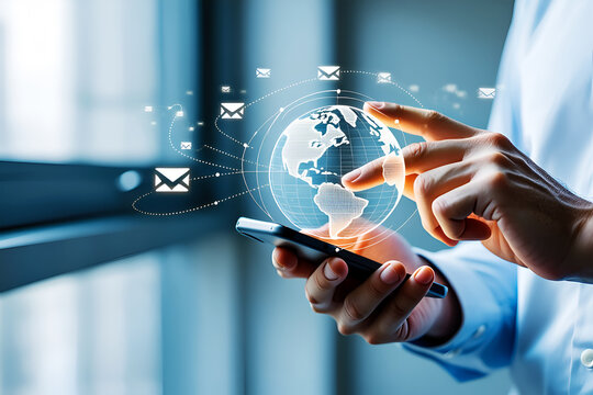 Person using smartphone with global digital communication hand globe