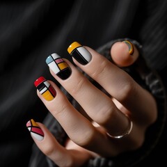 Modern geometric patterns on short square nails with bold contrasting colors, perfect for contemporary fashion visuals, art gallery promotion and creative industry concept. Nail art and design.