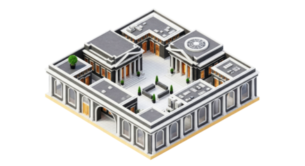 neoclassical court isometric 3d model of elegant urban mansion, isolated on transparent background