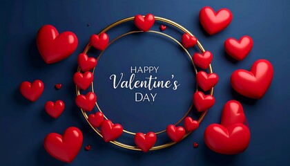 A romantic Valentine's Day design featuring red hearts scattered around a gold circular frame with text on a navy blue background