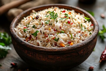 Flavorful seasoned rice bowl with rustic vegetable garnish high resolution picture