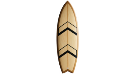 Isolated wooden surfboard with decorative chevron design on the front for water sports fun
