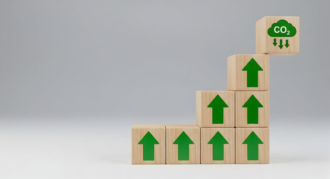 Carbon footprint reduction concept with wooden blocks and green arrows rising up