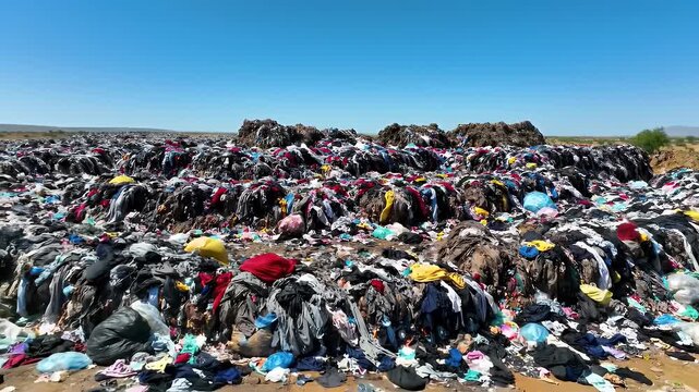 Vast Pile of Discarded Colorful Clothing Underneath Clear Blue Sky
