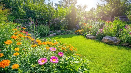 A bright and cheerful garden filled with summer flowers such as zinnias, marigolds, and geraniums, in a sunlit backyard.