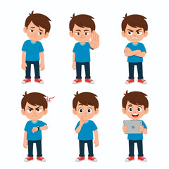 Set of a young boy character expressing a range of emotions and gestures, including anger, sadness, and happiness while using a tablet