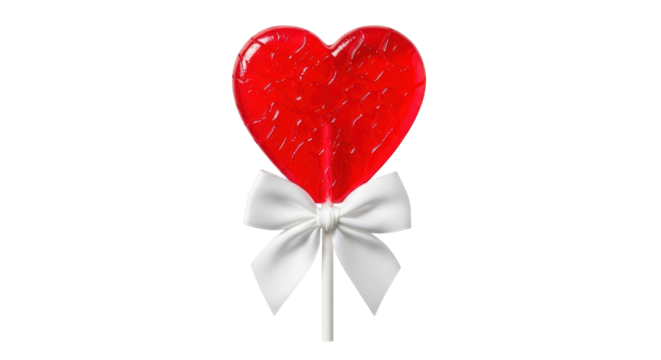 Isolated sweet heart lollipop wrapped with white ribbon bow, delicious candy, love dessert