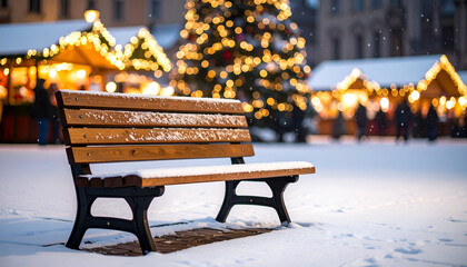 Serene Snowy Bench Amidst Festive Christmas Market Bokeh Lights