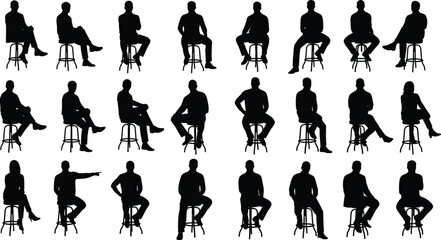 Silhouettes of men and women sitting on stools in different seated poses for interview, waiting room, or presentation scenes.