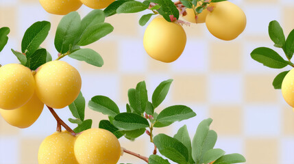 Seamless fruit, Bright yellow lemons surrounded by vibrant green leaves on a soft checkered background.
