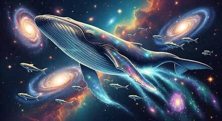 Naklejka premium Whale swimming through galaxies and nebulae with smaller fish, cosmic, ethereal, fantasy, breathtaking, awe-inspiring