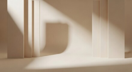 Elegant beige podium scene with geometric arches and sunlit shadows, a tranquil display platform with central Copyspace