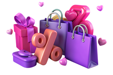 Valentines day shopping discount and gifts, isolated on transparent background