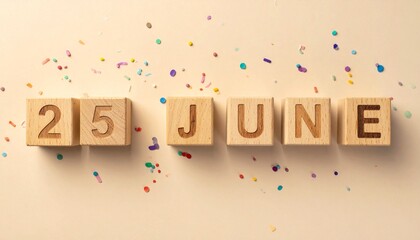 Wooden Blocks with Date 25 June. Calendar for birthday or anniversary on solid colored background with confetti