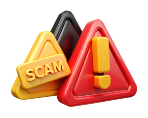 Warning sign scam alert 3D illustration, isolated on transparent background