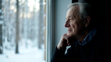 A pensive older man gazes out a window at a serene snow-covered winter landscape lost in thought and reflection capturing moments of quiet contemplation and int - Powered by Adobe