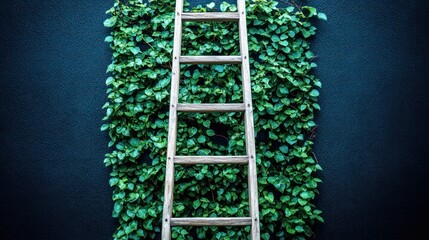 Wooden ladder against a dark wall covered with lush green ivy.