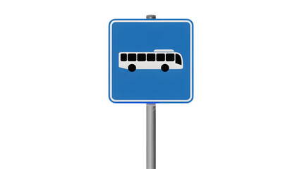 Clear blue and white bus stop sign indicating passenger pick up for transport services