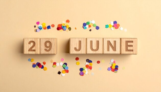Wooden Blocks with Date 29 June. Calendar for birthday or anniversary on solid colored background with confetti