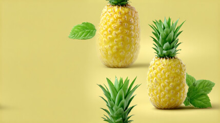 Seamless fruit, Fresh pineapples on a yellow background with green leaves.