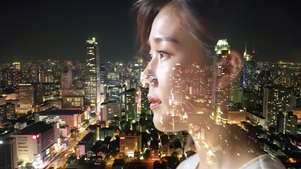 Double Exposure Portrait of a Young Woman over Night Cityscape with Buildings and Lights - Powered by Adobe