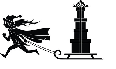 Festive winter silhouette of person running with sled full of wrapped gifts, holiday delivery, Christmas celebration, seasonal vector illustration design