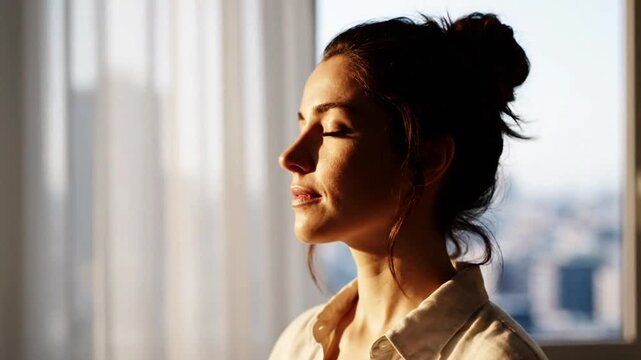 Relaxed young woman with closed eyes soaking in warm golden hour sunlight embracing tranquility and peacefulness A serene moment of self-care and meditation ind