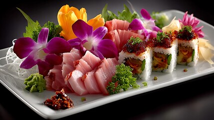 A vibrant sushi platter featuring fresh fish, colorful flowers, and a variety of sushi rolls.