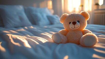 A light peach teddy bear sits on a neatly made bed in the morning sun.
