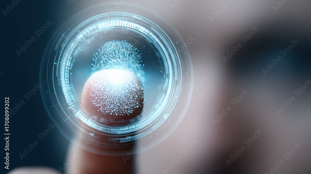 Poster futuristic fingerprint scan technology with digital interface, biometric identification, security, a