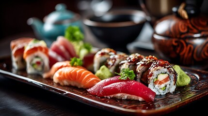 A vibrant sushi platter featuring a variety of sushi rolls, nigiri, and sashimi, presented on a wooden tray with a teapot and bowl in the background.