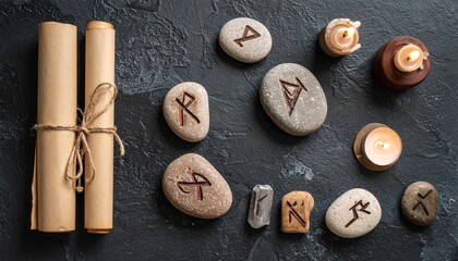 Atmospheric still lifes inspired by ancient temples and forgotten relics. Stones with runes, artifacts, scrolls, and candles placed in dark mystical settings. Perfect for fantasy, history