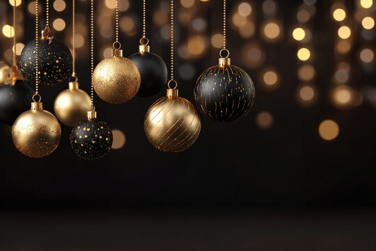 Elegant black and gold Christmas ornaments hanging against a blurred lights background - Powered by Adobe