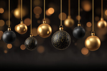 Elegant black and gold Christmas ornaments hanging against a blurred background