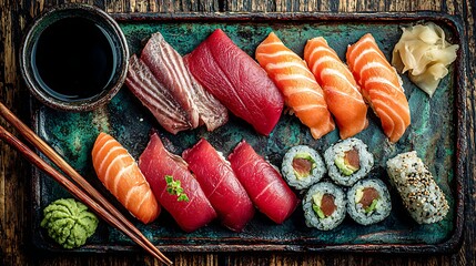 A vibrant sushi platter featuring a variety of fresh fish, including tuna and salmon, along with sushi rolls.