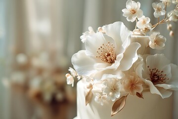 A stunning white wedding cake adorned with delicate white flowers and gold accents, set against a soft, blurred background.