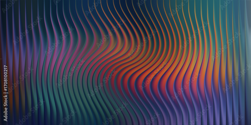 Poster abstract wavy lines with iridescent colors and a dark background