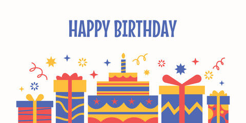 Happy birthday greetings design. Cartoon birthday party typography with cake, and gifts elements. © titusurya