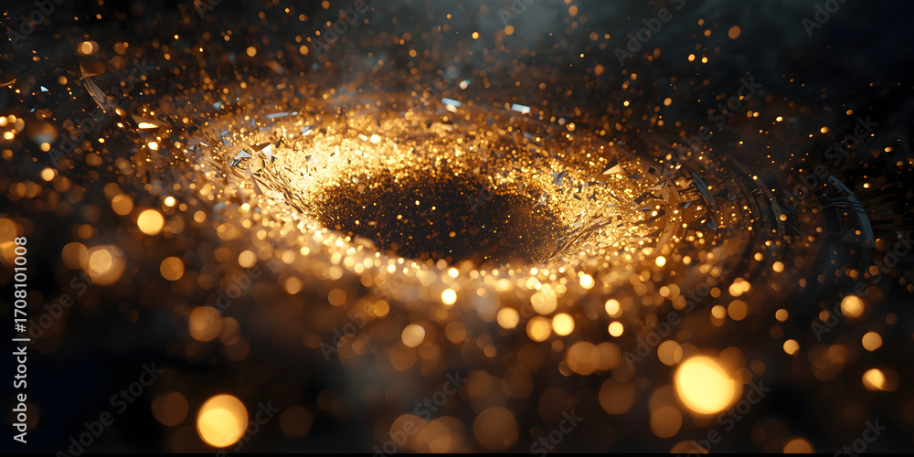 Poster Cosmic Convergence: A captivating cosmic spectacle unfolds, showcasing a dramatic display of golden particles swirling inwards towards an event horizon. the image evokes a sense of the unknown.