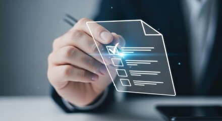 A business person in a suit uses a digital pen to mark a checkbox on a glowing virtual document checklist.