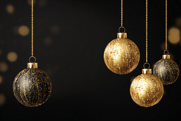 Elegant gold and black Christmas ornaments hanging against a dark background with sparkling lights