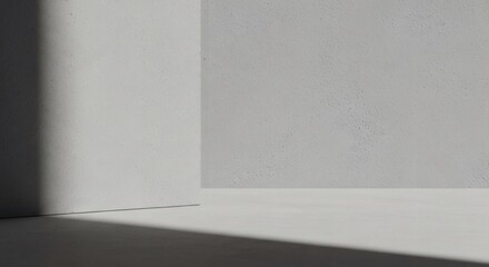 Minimalist empty room corner with bright sunlight casting shadows on the wall, providing ample clean copyspace for design