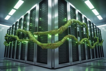 A server room invaded by nature, with vines growing over the equipment, symbolizing the fusion of technology and the environment in a unique way
