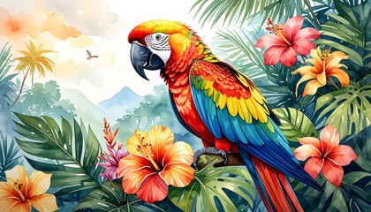 Vibrant Macaw in Tropical Paradise Watercolor Painting