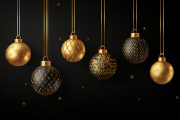 Elegant gold and black Christmas ornaments hanging against a dark background festive holiday decor