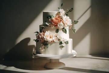 A beautiful wedding cake adorned with delicate flowers, perfect for a special occasion.