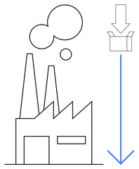Factory building emitting smoke, arrow leading to an open box, showcasing manufacturing and packaging concepts. Ideal for production, industry, supply chain, efficiency, economy, automation